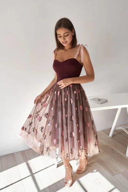 AerbaDress A Line Prom Dresses Tulle Floral Tea Length