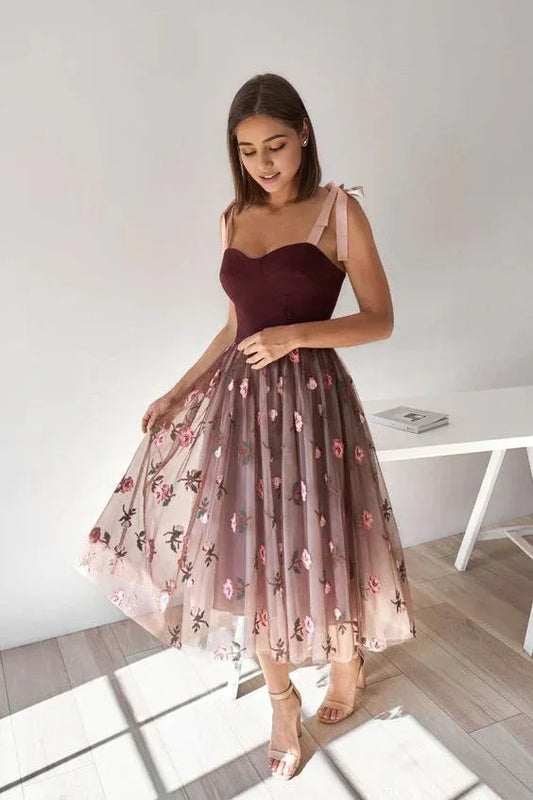 AerbaDress A Line Prom Dresses Tulle Floral Tea Length