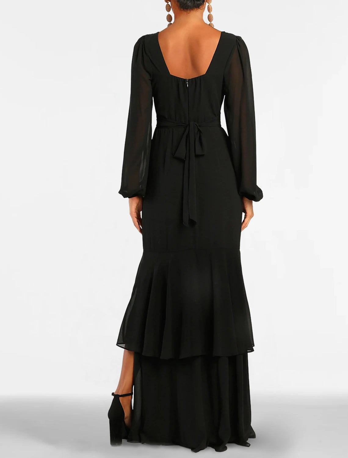 Mermaid Black Dress Plus Size Evening Gown Tiered Plisse Dress Formal Wedding Guest Floor Length Long Sleeve V Neck Gothic Chiffon with Slit Strappy