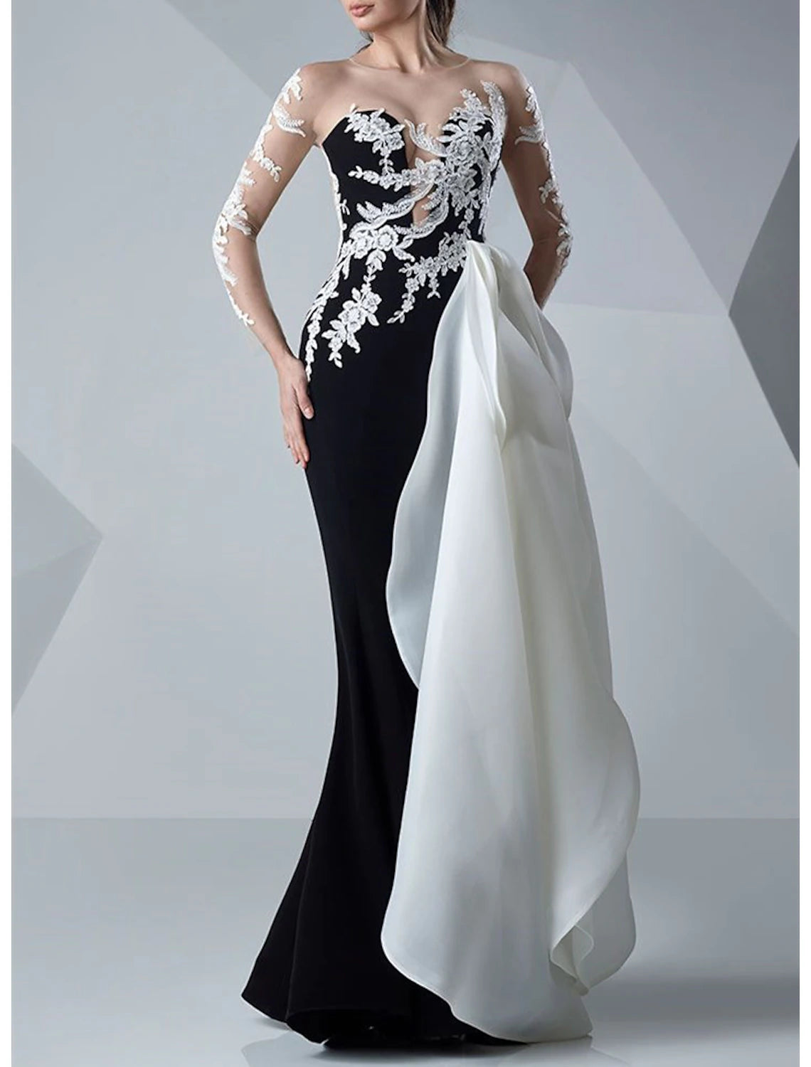 Mermaid / Trumpet Evening Gown Color Block Dress Formal Wedding Guest Floor Length Long Sleeve Jewel Neck Satin with Appliques