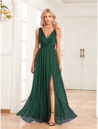 A-Line Evening Gown Empire Dress Party Wear Floor Length Sleeveless V Neck Spandex V Back with Glitter