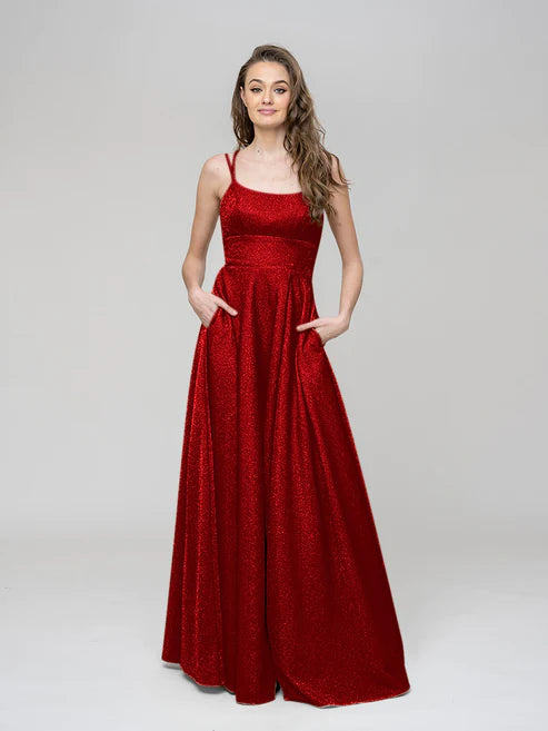 AerbaDress A Line Spaghetti Strap Metallic Glitter Floor Length Prom Dresses