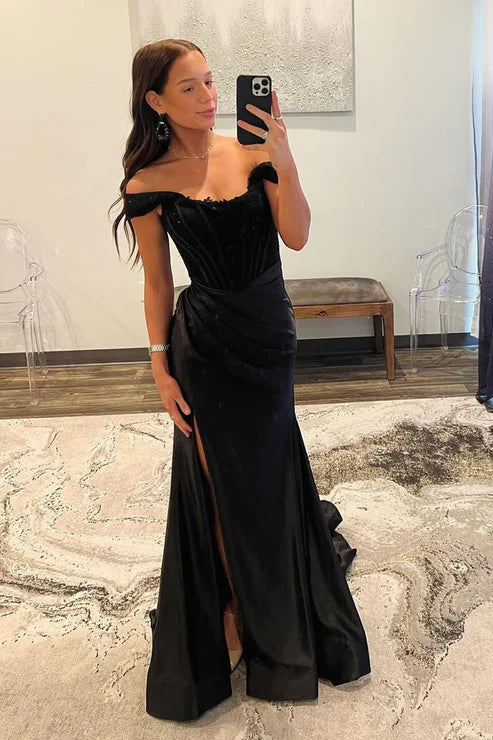 AerbaDress Black Off the Shoulder Evening Dress Satin Mermaid Long Prom Dresses