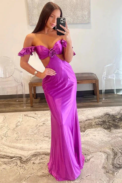 AerbaDress Elegant Violet Flutter Sleeve Evening Dress Cutout Mermaid Fitted Prom Dresses