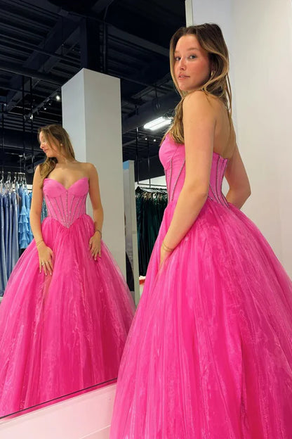 AerbaDress Pink Evening Dress Strapless Organza A-Line Long Prom Dresses