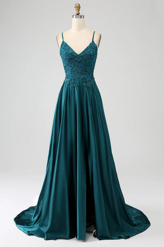AerbaDress Peacock Green A-Line Spaghetti Straps Long Prom Dress with Slit