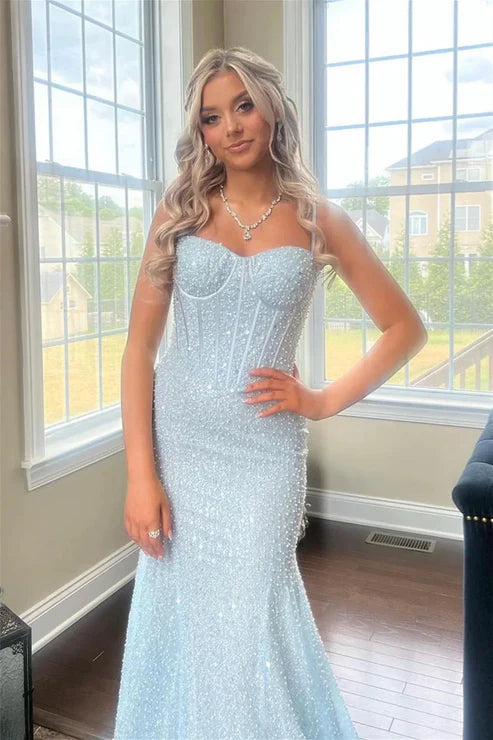 AerbaDress Mermaid Long Prom Dresses Light Blue Sequins Straps