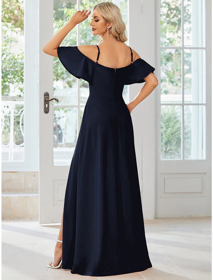 A-Line Wedding Guest Dresses Elegant Dress Formal Floor Length Short Sleeve Off Shoulder Stretch Fabric with Slit