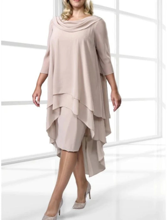 Sheath / Column Mother of the Bride Dress Wedding Guest Simple Scoop Neck Asymmetrical Stretch Chiffon 3/4 Length Sleeve with Ruching