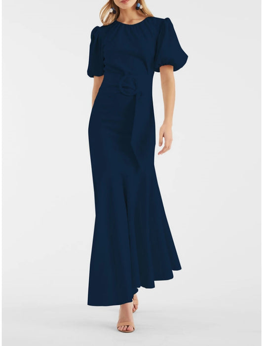 A-Line Evening Gown Elegant Dress Formal Ankle Length Short Sleeve Jewel Neck Chiffon with Pleats