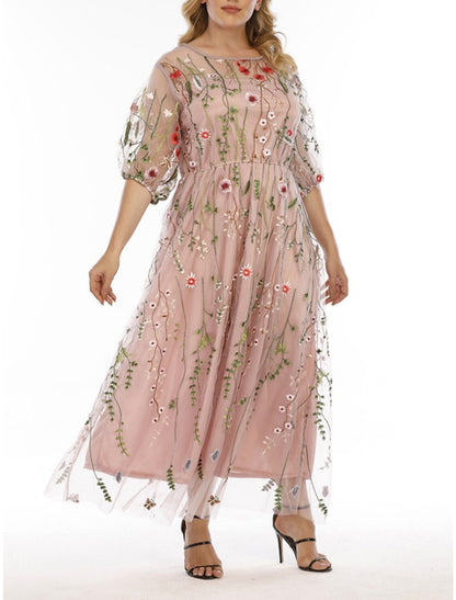 Sheath / Column Mother of the Bride Dress Vintage Sweet Scoop Neck Ankle Length Tulle Half Sleeve with Embroidery Ruching