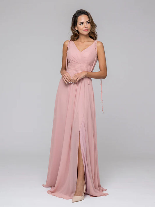 Tassel Straps V Neck Chiffon Bridesmaid Dresses With Slit Skirt