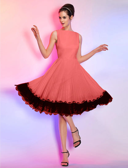 A-Line Vintage Dress Homecoming Graduation Knee Length Sleeveless Boat Neck Pink Dress Chiffon with Lace Insert