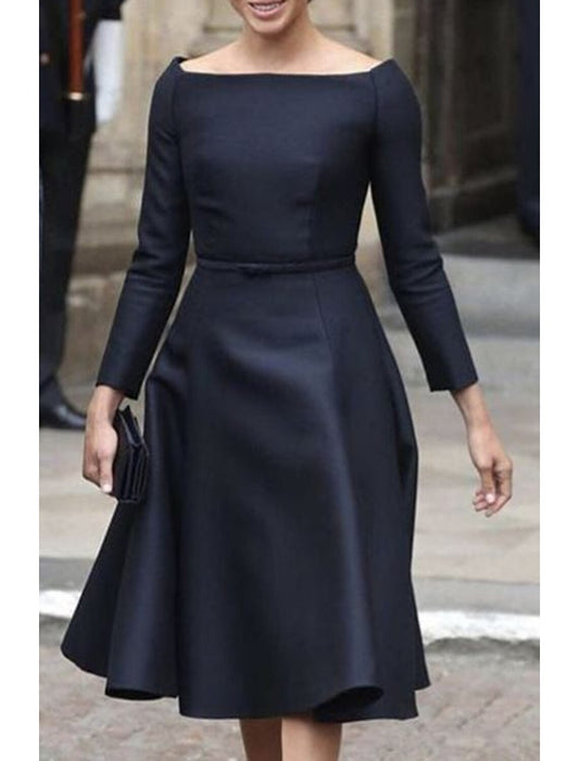 A-Line Mother of the Bride Dress Simple Elegant Jewel Neck Tea Length Knee Length Taffeta Long Sleeve with Sash / Ribbon Solid Color