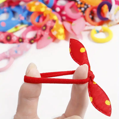 Aerba 100pcs/Pack Rabbit Ears Hair Accessories - Soft Rope with Adorable Design - Vibrant Polka Dot Striped Floral Print Fabric for Kids and Toddlers