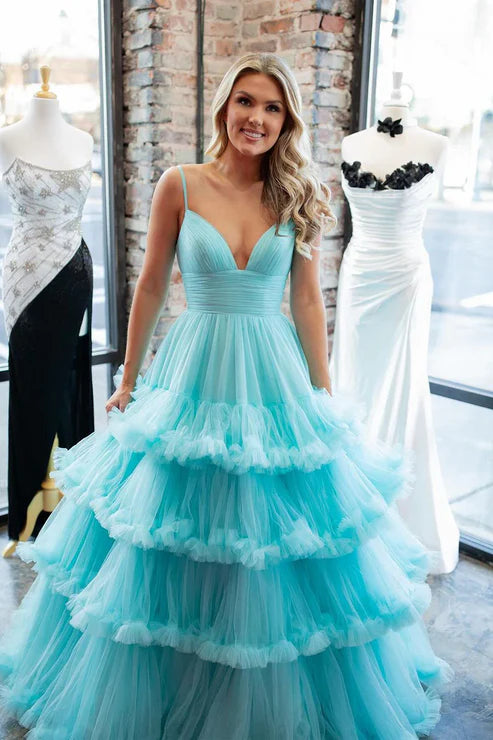 AerbaDress Long Prom Dresses Charming A-Line Evening Dress V Neck Ruffle Tiered Tulle