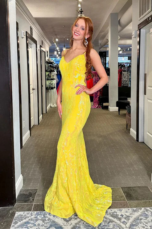 AerbaDress Mermaid Evening Dress V Neck Yellow Sequins Lace Backless Long Prom Dresses