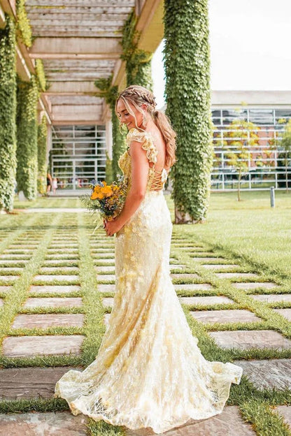 AerbaDress Long Prom Dresses Yellow Evening Dress Sweetheart Sequin Appliques