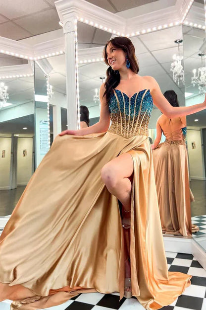 AerbaDress A-Line Evening Dress Strapless Gold Long Prom Dresses with Beadings