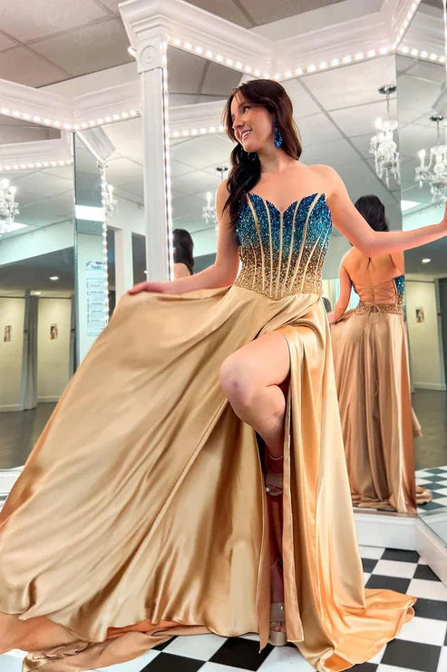 AerbaDress A-Line Evening Dress Strapless Gold Long Prom Dresses with Beadings