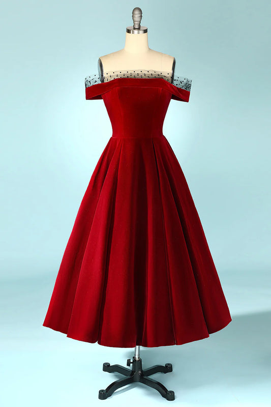 AerbaDress Burgundy Off the Shoulder Velvet Prom Dress