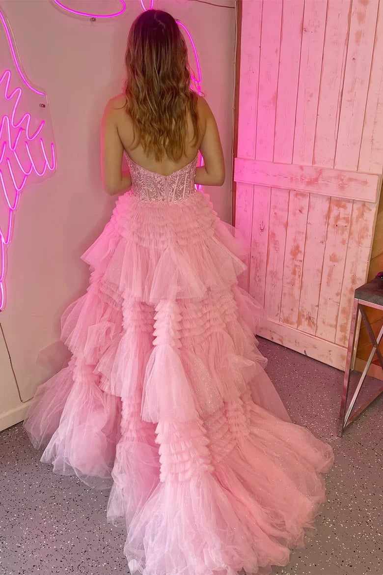 AerbaDress Fashion Red Tulle Appliques Halter Ruffle Tiered Ball Gown