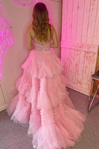 AerbaDress Fashion Red Tulle Appliques Halter Ruffle Tiered Ball Gown