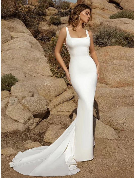 Beach Open Back Casual Wedding Dresses Mermaid / Trumpet Square Neck Sleeveless Court Train Stretch Fabric Bridal Gowns With Buttons