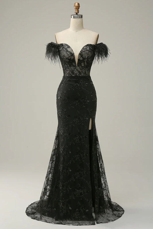 AerbaDress Mermaid Off the Shoulder Black Long Prom Dress with Feather