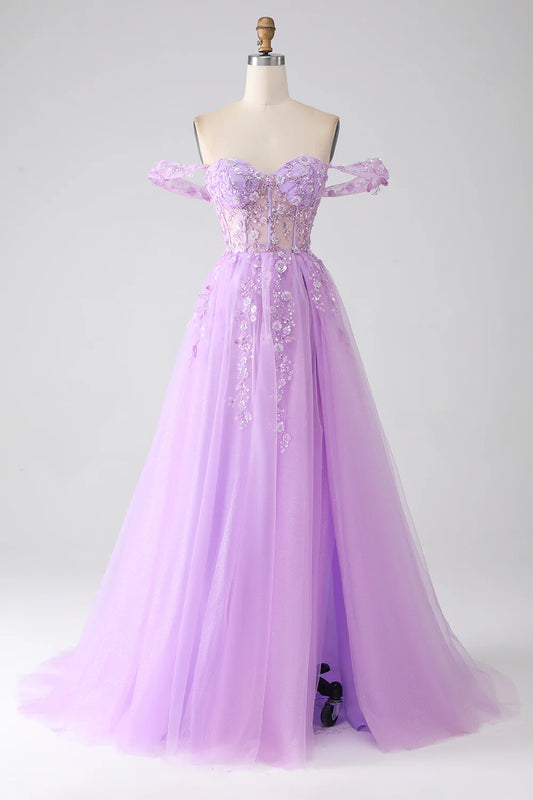 AerbaDress Light Purple A-Line Off The Shoulder Beaded Corset Prom Dress