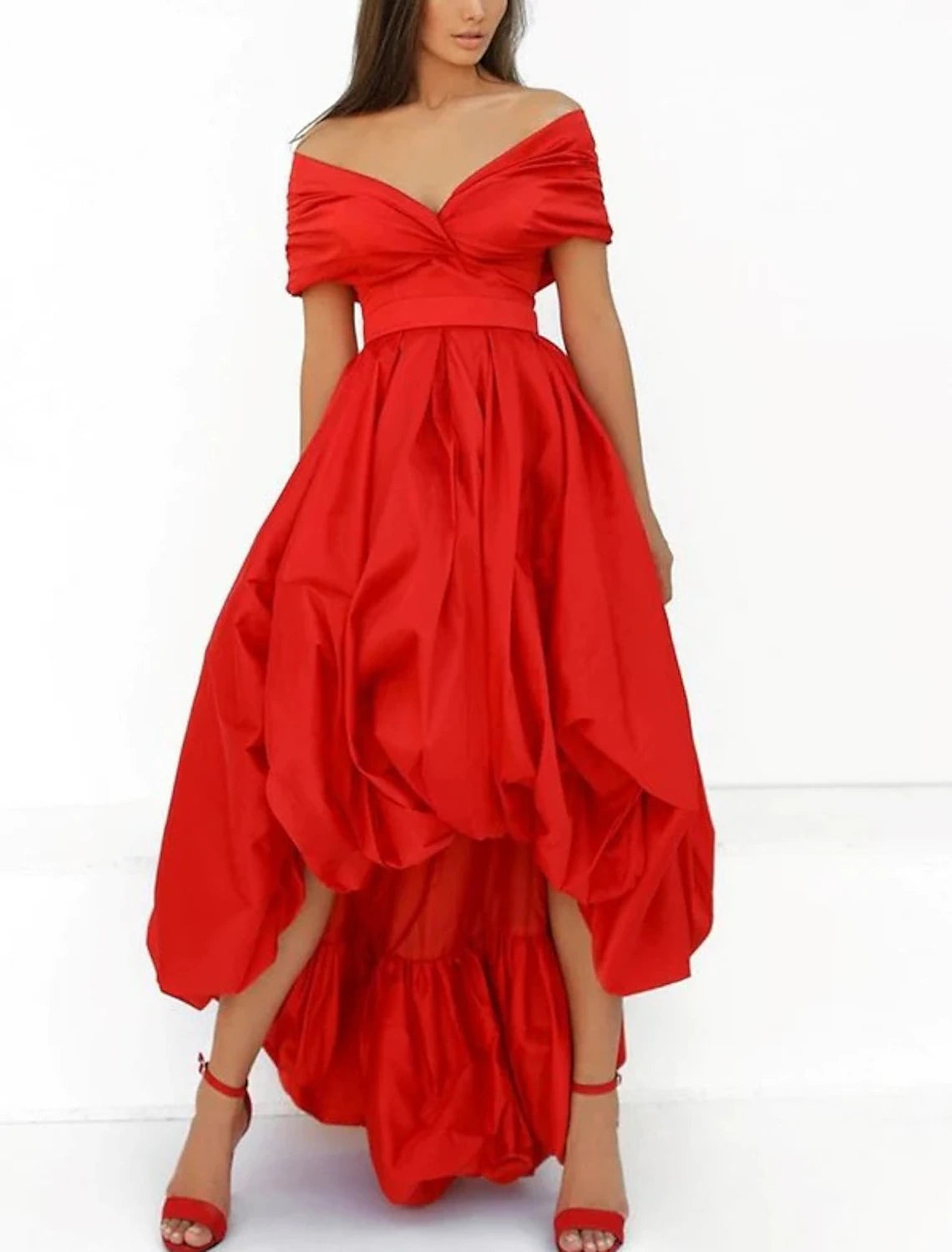 Ball Gown A-Line Prom Dresses Elegant Dress Formal Prom Asymmetrical Short Sleeve Sweetheart Taffeta with Ruched