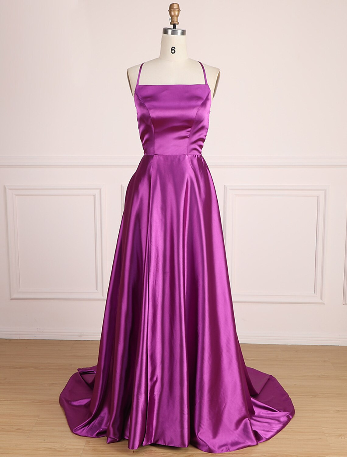 A-Line Prom Dresses Minimalist Dress Party Wear Prom Sweep / Brush Train Sleeveless Spaghetti Strap Satin with Pleats