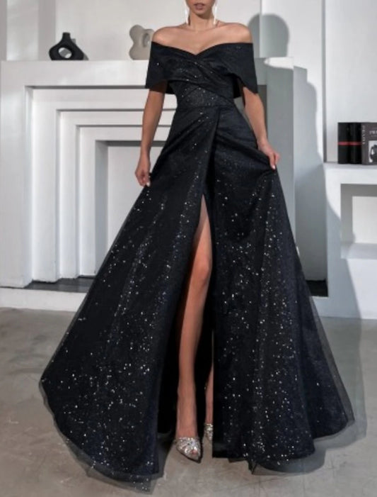 A-Line Evening Gown Party Dress Glittering Black Dress Plus Size Wedding Prom Floor Length Sleeveless Off Shoulder Fall Wedding Reception Tulle with Sequin