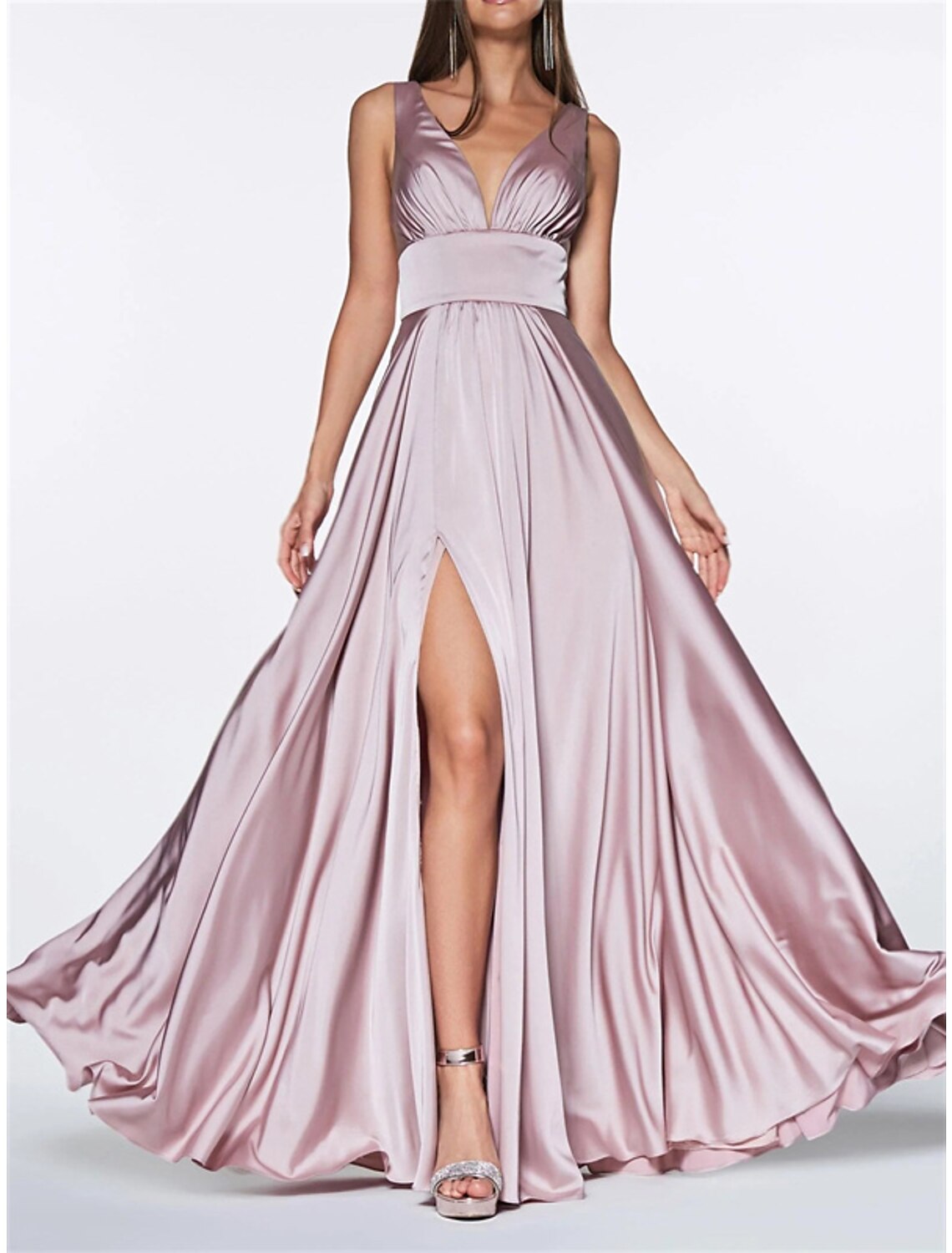 A-Line Bridesmaid Dress V Neck Sleeveless Pink Floor Length Chiffon / Satin with Split Front / Ruching