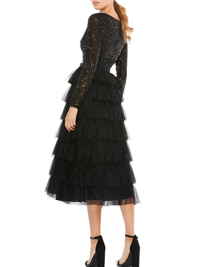 A-Line Cocktail Dresses Sparkle Black Dress Plus Size Party Wear Wedding Guest Tea Length Long Sleeve Jewel Neck Fall Wedding Guest Tulle with Sequin Tiered