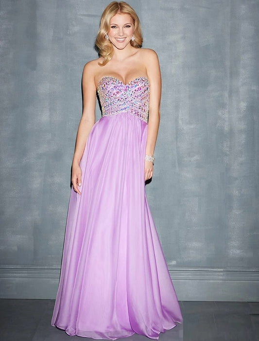 A-Line Evening Gown Glittering Dress Wedding Guest Wedding Party Sweep / Brush Train Sleeveless Sweetheart Chiffon with Rhinestone Beading