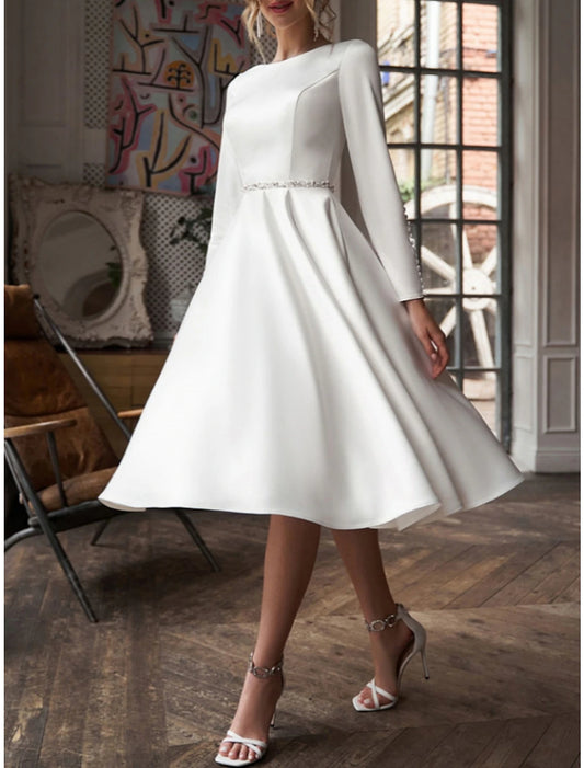 Little White Dresses Wedding Dresses A-Line Scoop Neck Long Sleeve Knee Length Satin Bridal Gowns With Pleats Beading