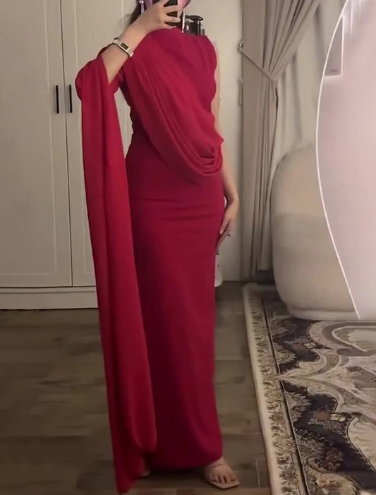 Mermaid Evening Gown Elegant Dress Red Green Dress Wedding Guest Floor Length Long Sleeve Off Shoulder Capes Chiffon with Pleats