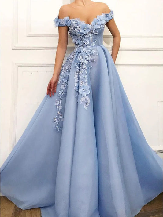 A-Line Evening Gown Floral Dress Wedding Guest Quinceanera Floor Length Short Sleeve Off Shoulder Satin with Appliques Pure Color