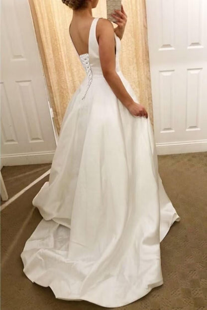 Elegant Straps V Neck Satin A Line Wedding Dresses