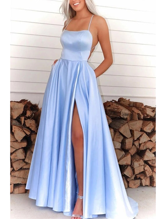 A-Line Prom Dresses Open Back Dress Formal Wedding Party Sweep / Brush Train Sleeveless Spaghetti Strap Satin Backless with Pleats