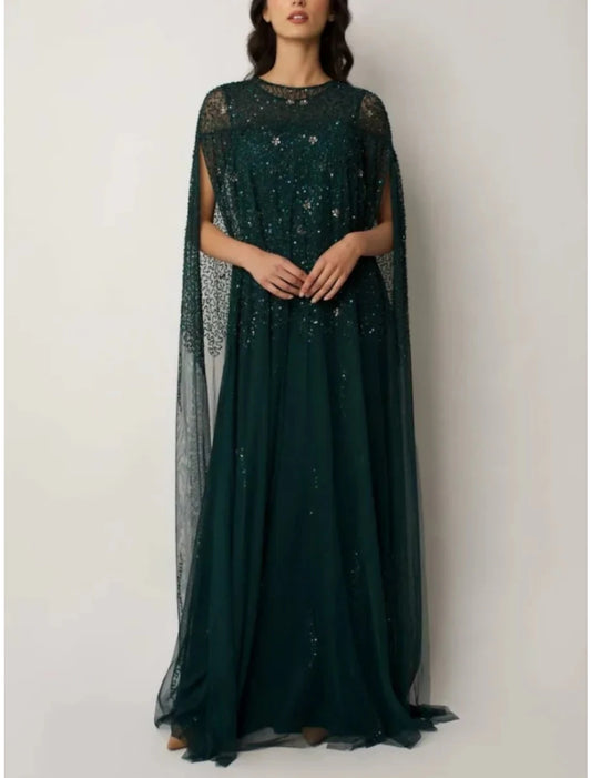 Sheath / Column Mother of the Bride Dress Wedding Guest Elegant Jewel Neck Sweep / Brush Train Stretch Chiffon Short Sleeve with Sequin Ruching