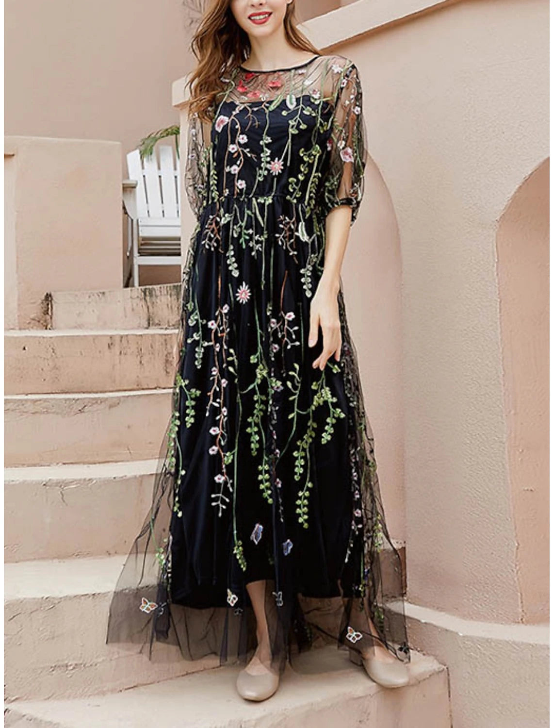 Sheath / Column Mother of the Bride Dress Vintage Sweet Scoop Neck Ankle Length Tulle Half Sleeve with Embroidery Ruching
