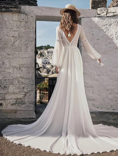 Beach Boho Wedding Dresses A-Line V Neck Long Sleeve Court Train Chiffon Bridal Gowns With Appliques