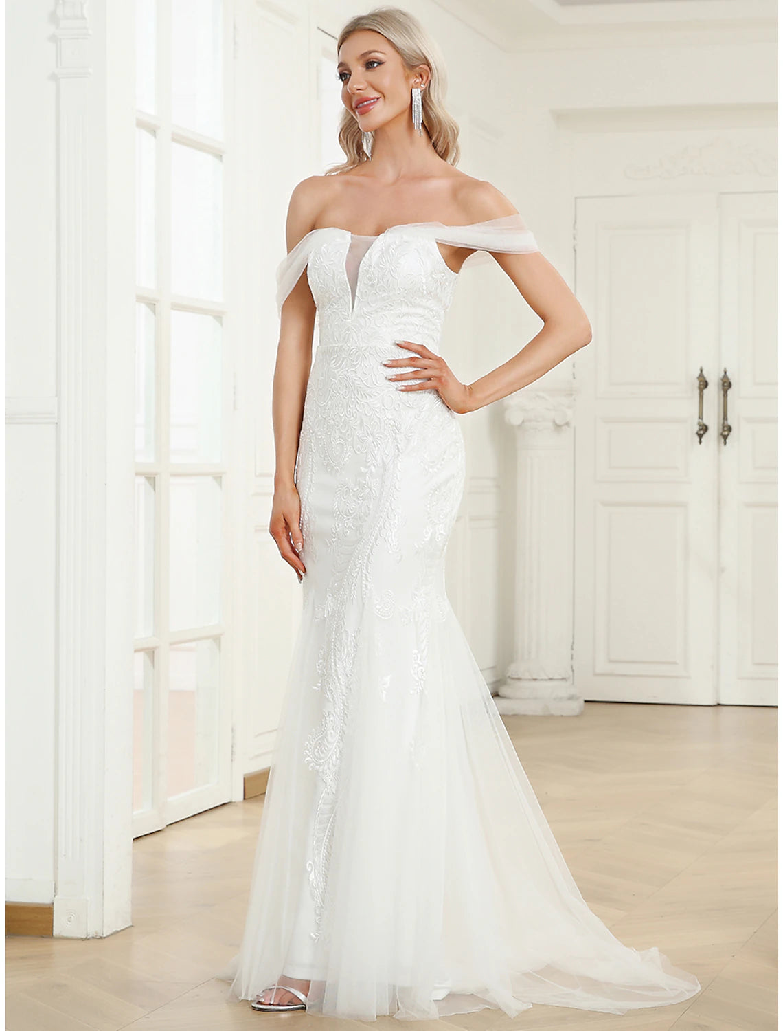 Reception Wedding Dresses Mermaid / Trumpet Off Shoulder Cap Sleeve Sweep / Brush Train Lace Bridal Gowns With Appliques