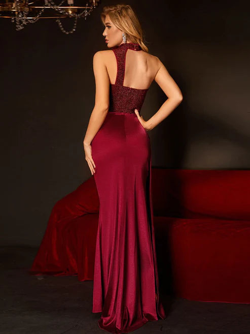 Aerba Gorgeous Wine Halter Pleated Evening Dress