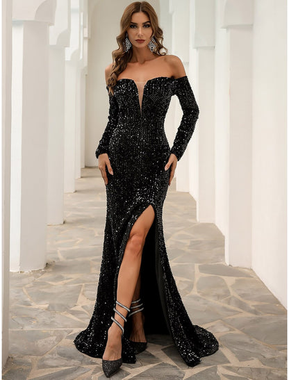 A-Line Evening Gown Sparkle & Shine Dress Formal Sweep / Brush Train Long Sleeve Off Shoulder Velvet with Sequin Slit