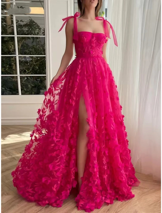 A-Line Prom Dresses Elegant Dress Formal Sweep / Brush Train Sleeveless Square Neck Tulle with Feather Pleats Slit