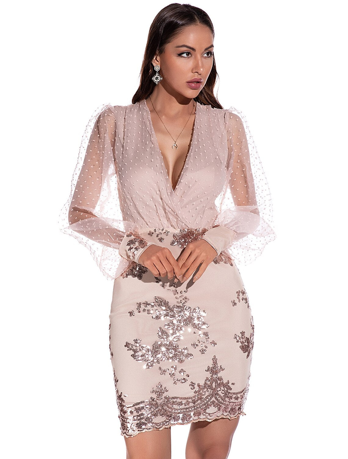 Sheath / Column Sexy bodycon Holiday Party Wear Dress V Neck Long Sleeve Short / Mini Spandex with Sequin