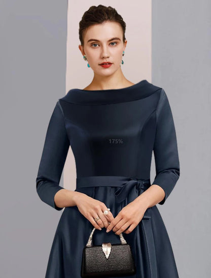 A-Line Mother of the Bride Dress Formal Wedding Guest Elegant High Low Bateau Neck Asymmetrical Ankle Length Satin 3/4 Length Sleeve with Bow(s) Pleats